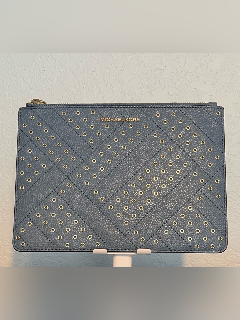 Michael Kors Denim Blue Quilted Grommet Leather Wristlet Large NWOT